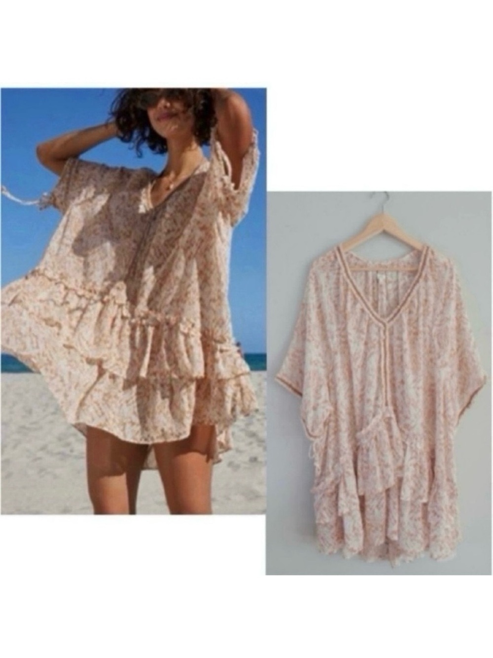 Aerie Boho Crochet Ruffle Trim Sheer Cape Beach Resortwear Summer Dress Coverup